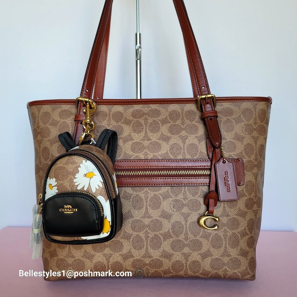 COACH Mini Court Backpack Bag Charm In Signature Canvas With Floral Print-Tan🎈⭐ - Picture 2 of 16